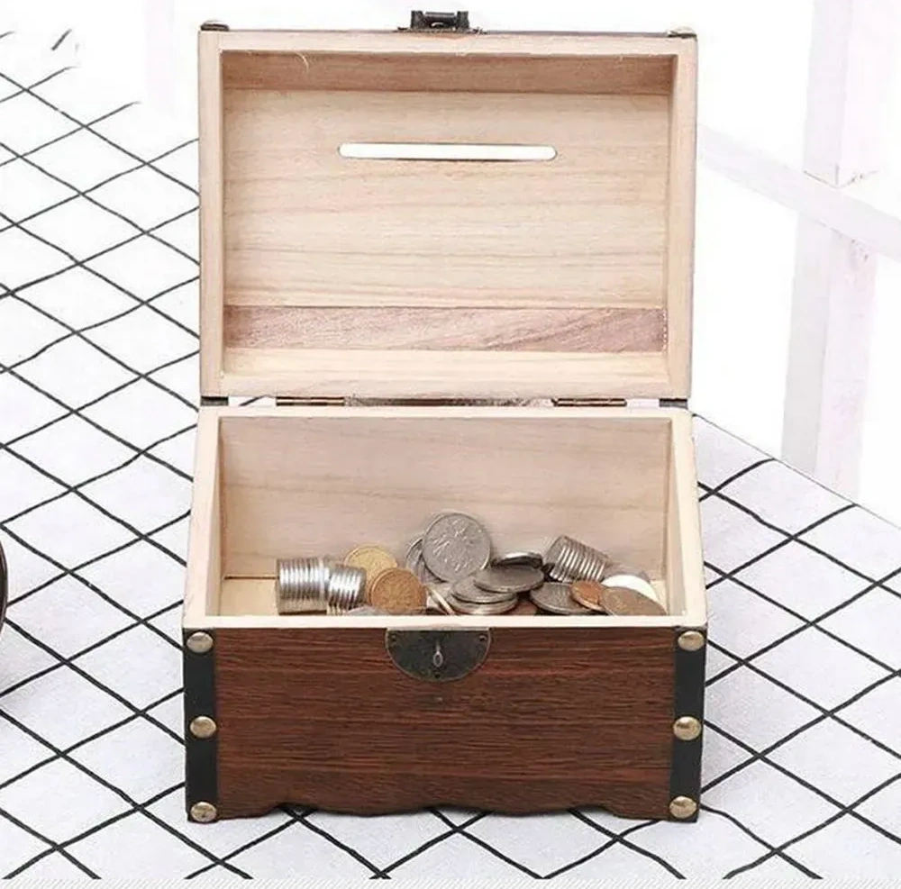 Konesam Antik Stilde El Yapımı Ahşap Kasa, Kilitli Para Kazan, 15x10x10cm, Tatil Ve Özel Günler İçin, Hızlıca Parayı Sakla Haki