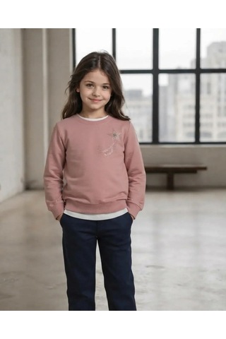 Alfa Kız Çocuk Pudra Renkli Kol Taslı Sweatshirt
