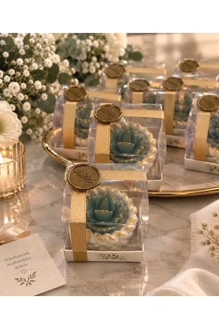 20 Li Kişiye Özel Nikah Hediyeliği Sukulent Mum Taş Tozu Mumluk Süslemeli Etiketli