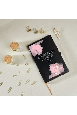 Hayallerinin Peşinden Git Yazılı Çiçek Desenli Kişiye Özel Deri Kapak Defter Siyah