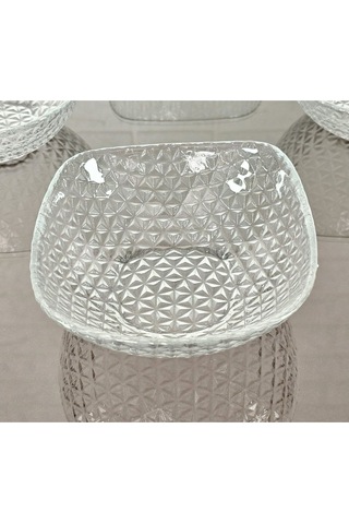 6 Kişilik Kare Kesme Dekorlu Çerezlik Sade Cam Kase 12 Cm Naturel