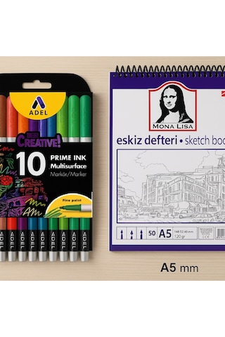 A5 Eskiz Defteri + Multisurface 10'lu Kalın Uçlu Set Çok Renkli