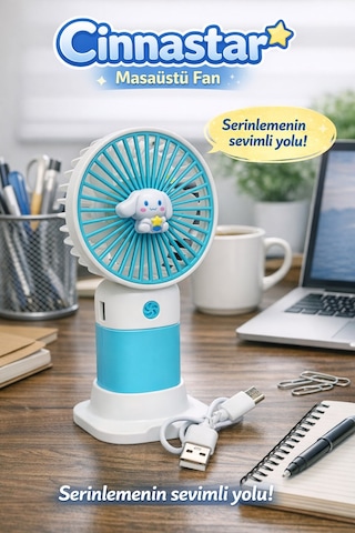 Jasper Turkuaz-beyaz Cinnamoroll Figürlü Taşınabilir Standlı Serinletici Fan 3 Hız Ayarlı , Typ-c Şarjlı Fan Masaüstü Fa