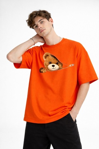 Misa Tahtakale Mn - Bear Baskılı Oversize Tişört Turuncu Çok Renkli