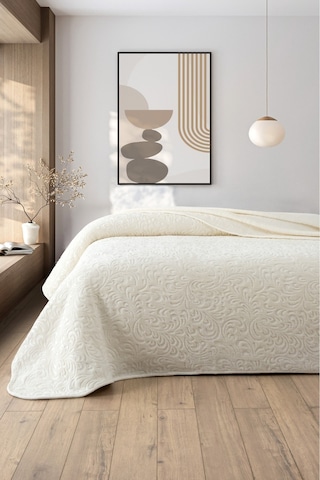 Jakarlı Kadife Dokulu Çift Kişilik Kalın Battaniye Yumuşak, Sıcak Ve Şık Yatak Örtüsü - Krem Krem Krem