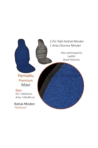 Nyf 55 Terletmez Minder Premium Pamuklu Mavi 3 Lü Set 2 Ön Pilot + 1 Arka Oturma
