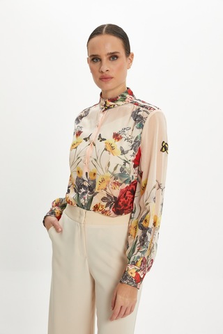 Yüksek Yaka Düğmeli Volan Kol Gömlek Çiçek Desenli, Şifon Dokulu, Günlük Ve Zarif Kullanıma Uygun Somon