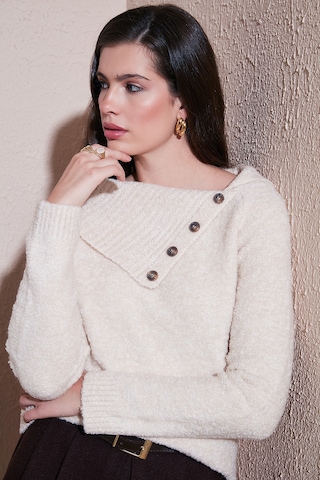 Lela Premium Regular Fit Kayık Yaka Düğme Detaylı Bayan Kazak 680Kz002563 Taş