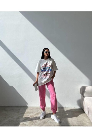 Art Baskılı Beyaz T-shirt Pembe Eşofman Altı Jogger-baskılı Eşofman Takım Oversize Bisiklet Yaka Pembe