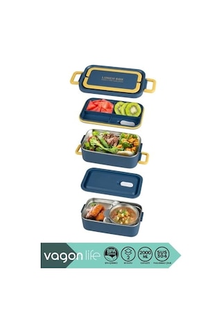 Bento 2000ml Lunchbox 2 Katlı 3 Bölmeli Mini Kaseli Çelik Sefer Tası Yemek Kutusu Lacivert-sarı Çok Renkli