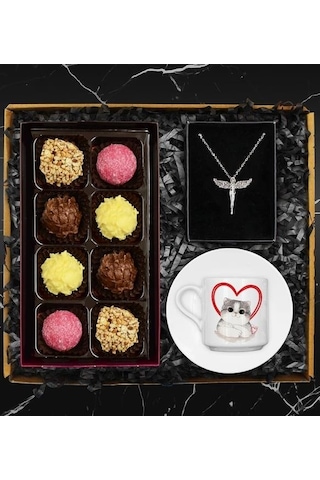 Sevgililere Özel Tasarım Kedili Fincan & Truffle Çikolata Kutusu & Zirkon Taşlı Melek Kolye Hediye Seti