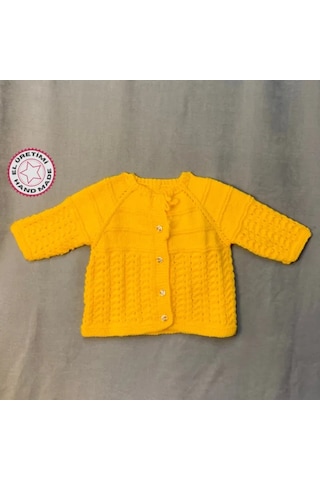 Uretti - Kadir 7704 - El Örgüsü Bebe Yün Robalı Yaka Kız Bebek Hırka - 10 / 12 Ay Sarı