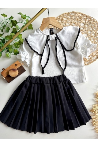 Yazlık Kısa Kollu Bluz Pileli Etek Kız Çocuk Takım Siyah