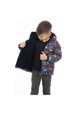 Erkek Çocuk Içi Polarlı Kapüşonlu Araba Yıldız Ay Desenli Kışlık Şişme Mont Lacivert