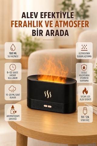 Znv Zenvia Mey İthalat Alev Efektli Ultrasonik Aroma Difüzörü 180 Ml Led Işıklı Hava Nemlendirici Znv2025 Cmn