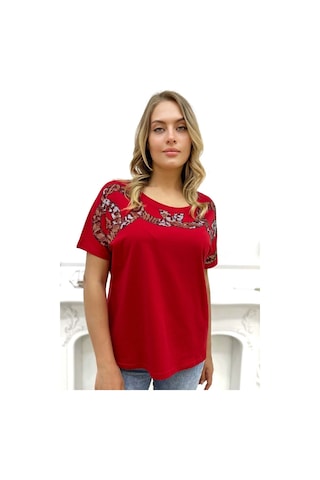 Rich Glam Bol Kalıp Leopar Crystal Taşlı Büyük Beden Kırmızı Şık Rahat Kadın T-shirt Kırmızı