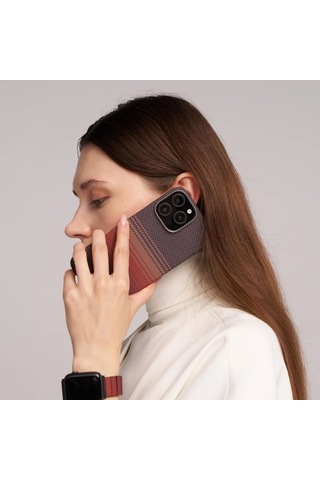 Apple Uyumlu iPhone 16 Kılıf Magsafe Özellikli Aramid Fiber Pitaka Tactile Woven Sunset-moonrise Serisi Sunset