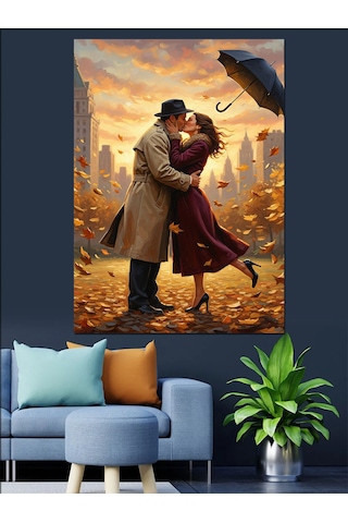 Ahşap Tablo Sonbahar Yaprakları Ve Romantik Çift