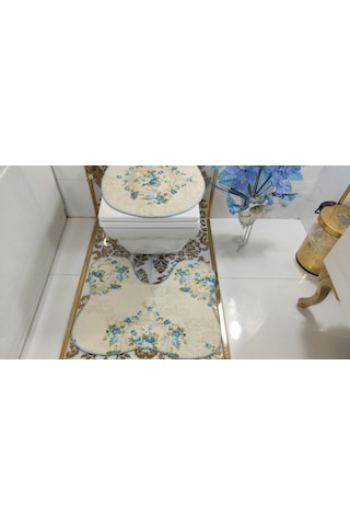 Rose Kelebek Banyo Halısı Klozet Takımı 3'Lü Set Krem