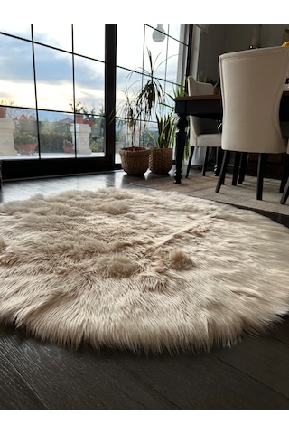 A Post Bej Yumuşak Dokulu Peluş Halı Yuvarlak