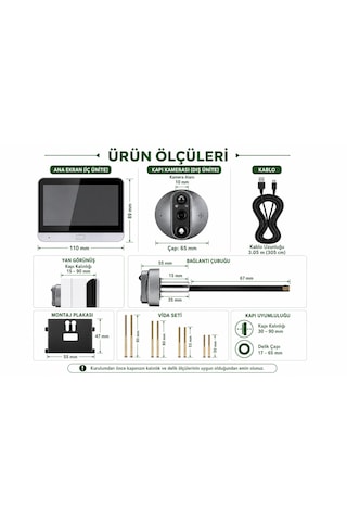 Cmr101 Kapı Zilli Kameramı Ekranlı Güvenlik Kamerası 1080p 2mp Full Hd Görüntü 4.3 İnç Ekran Wifi Akıllı Kapı Kamerası 4.3" Ekran 1080p Hd Görüntülü Kapı Dürbünü Pır Sensörlü