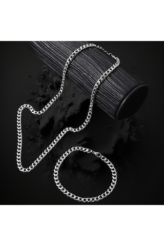 Çelik Takı Seti Bileklik Kolye Örgü Zincir Model 0.7 Mm 21 - 60 Cm Gümüş Silver Gümüş