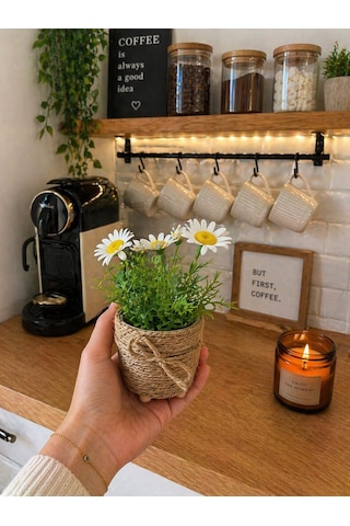 Mini Jüt İpli Saksı Yapay Papatya Limon Okaliptus Seti Dekoratif Şık Masa & Balkon Süsü Çok Renkli