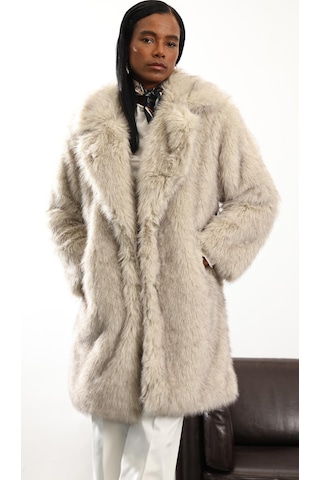 Bej Midi Boy Şal Yaka Kürk D99773 Bej