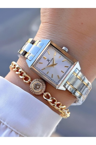 Daniel Klein Dk.1.10816.5 Gümüş Renk Gold Detaylı Çelik Kordonlu Çizgili Kare Model Kadın Kol Saati Gümüş