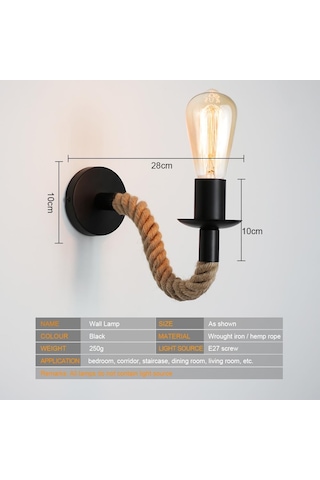 Retro Kenevir Halat Endüstriyel Loft Duvar Lambası Eski Dekor Duvar Aydınlatma Armatürleri Oturma Odası İçin Kapalı Aplikler Aydınlatma Dekoratif Siyah