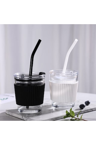 Shineyee Siyah Cam Kahve Bardakları: Kapaklı Ve Pipetli, Tercihe Göre Beyaz Rengi Seçeneği Siyah