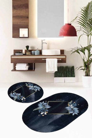 Lacivert Çiçek Temalı Oval Banyo Klozet Paspas Seti Bs095n11
