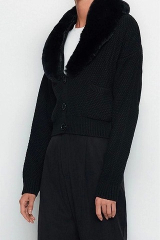 Frm Kadın Moda Şık Crop V Yaka Regular Crop Kürk Detaylı Triko Hırka Siyah