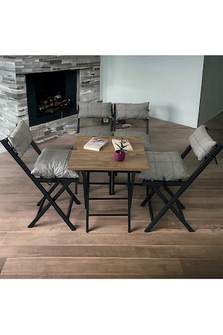 Modern Style Home Minderli Balkon Bahçe Mutfak Bistro Set Katlanır 4+1 Masa-sandalye Açık Gri
