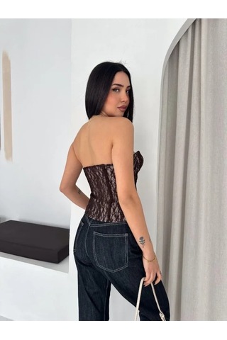 Etiler Collection Fermuarlı Dantel Korse Straplez Bustiyer Transparan Şık Top - Kahverengi