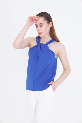 Mavi Boyundan Baglamalı Dökümlü Kumas Şık Bluz Mavi