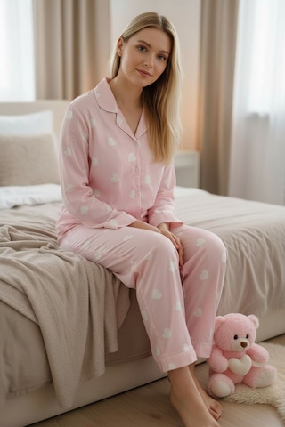 Burcumay Kadın Kalpli Desenli Süet Gömlek Yaka Uzun Kol Pembe Kışlık Pijama Pembe