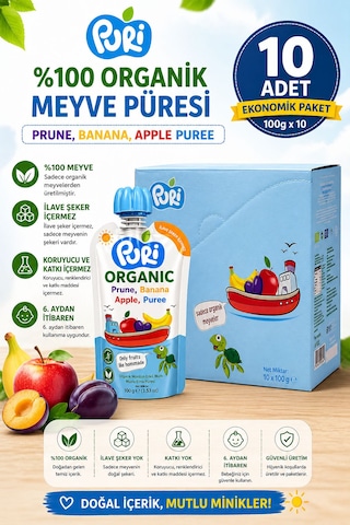 Organic Mürdüm Erikli Muzlu Elma Püresi 100 G x 10 %100 Organik İlave Şekersiz 10'lu Paket