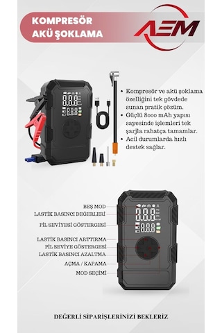 Aem Akü Şoklama Takviye Cihazı + Lastik Şişirme Kompresörü Taşınabilir 4+1 Jump Starter 8000mah