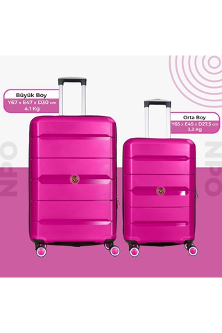 Npo Diamond Pp Polipropilen Büyük Ve Orta Boy 2'li Kırılmaz Valiz Seti - Fuşya Pembe