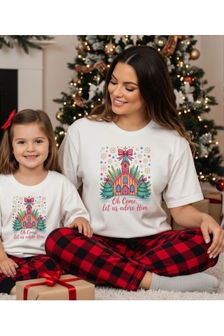 Aselinda Christmas-yeni Yıl Ev Baskılı Anne-kız Kombin Tişört Kombin Yapmak İçin 2 Ürün Ekleyiniz Beyaz