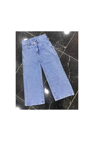 Erdem Kıds Kız Çocuk Jean Pantolon Palazzo Geniş Bol Paça Taş Detaylı Kot Pantolon Açık Mavi Açık Mavi