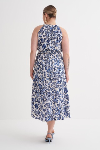 Halter Yaka Kuşaklı Desenli Uzun Elbise-6215 Mavi