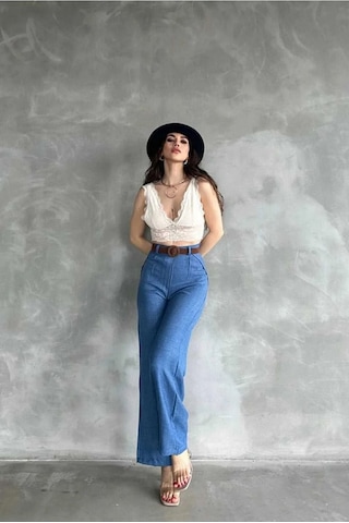 Tane Tasarım Kadın Yazlık Trend Beli Kemerli Keten Pantolon Mavi Mavi