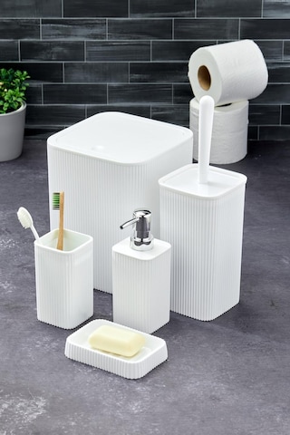 Line 5 Parça Kare Banyo Seti - Çöp Kovası Wc Fırçası Sıvı-katı Sabunluk Diş Fırçası Beyaz