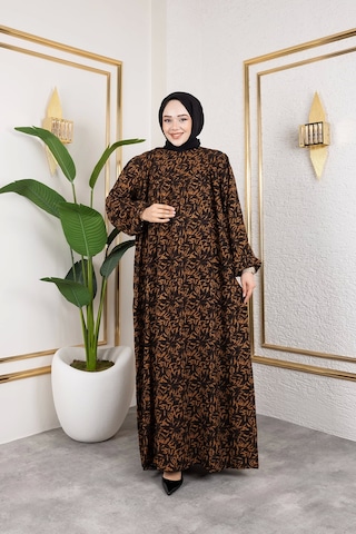 Nevayla Moda Robalı Desenli Viskon Elbise - Kiremit / E0126 Kiremit