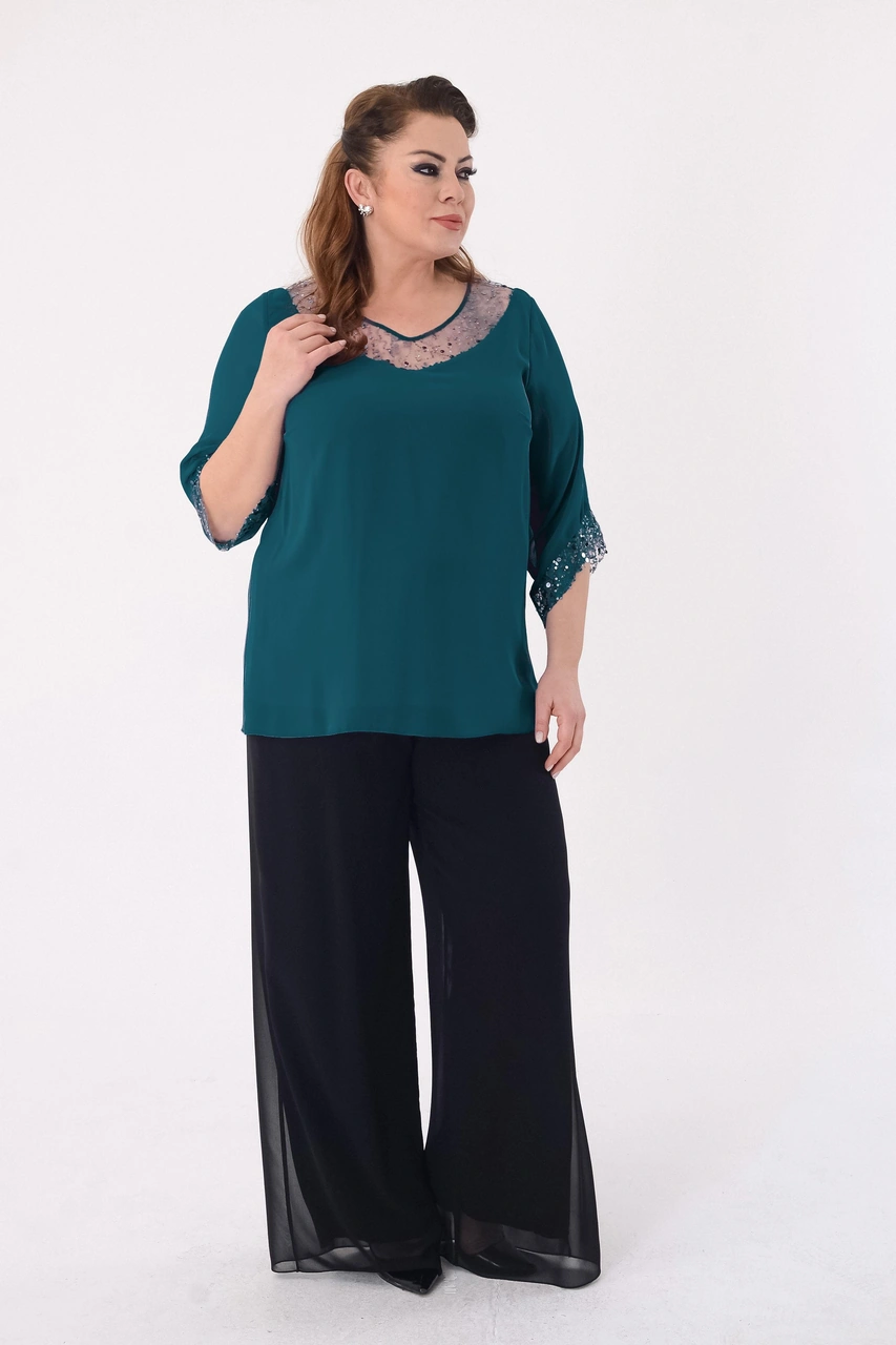 Lilas Xxl Büyük Beden Yeşil Renkli Şifon V Yaka Abiye Bluz Yeşil
