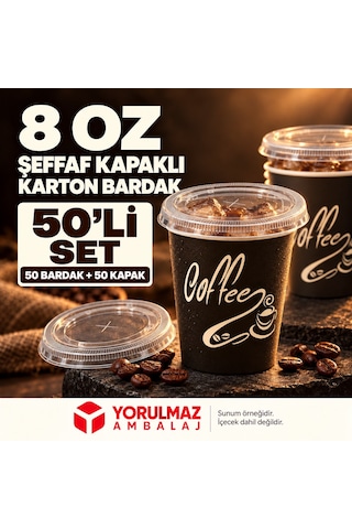 8 Oz Kapaklı Karton Bardak 50 Adet Soğuk İçecek Uyumlu Sızdırmaz Kağıt Bardak 40