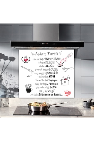 Cam Ocak Arkası Koruyucu Aşkın Tarifi Beyaz Fon 52cm X 60cm