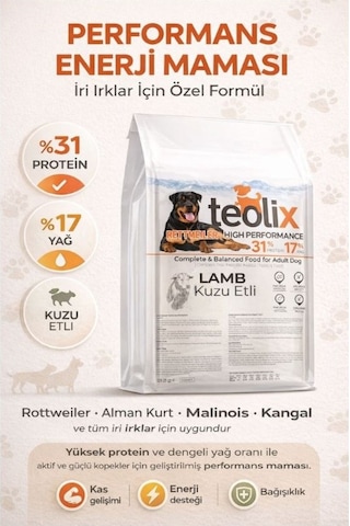 Teolix Kuzu Etli Köpek Maması 15 Kg %31 Protein %17 Yağ İri Irklar İçin Enerji Maması